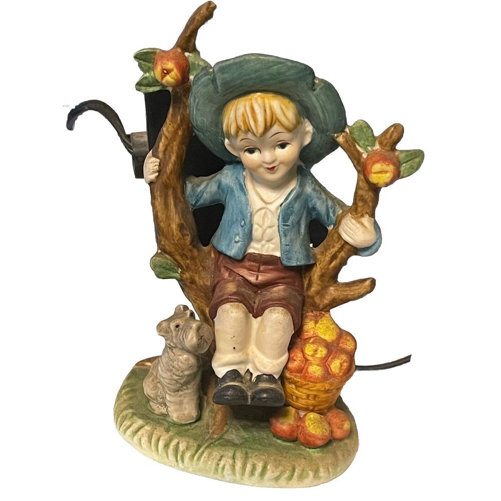 Vintage Girl Sitting on a Tree Stump Holding Branches & Dog Figurine‎